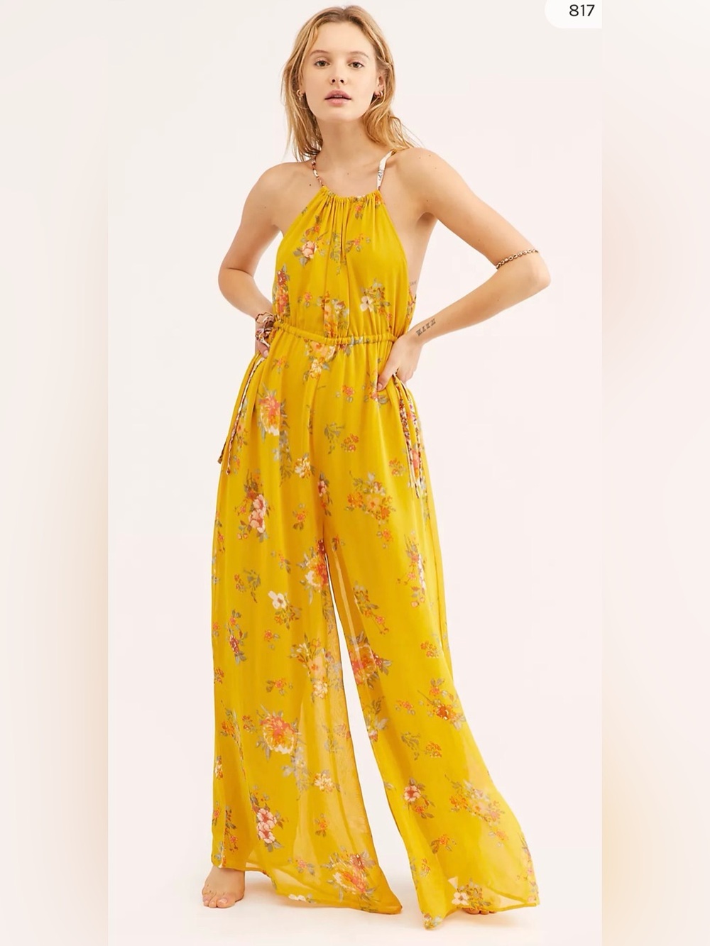 Free People Georgia Jumpsuit Yellow Floral Sz Small